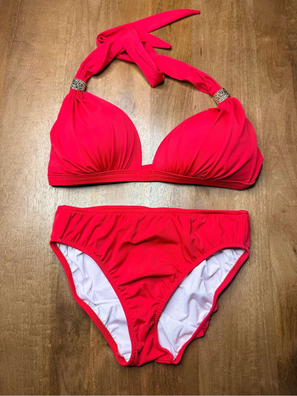 Venus Goddess Women’s Red Halter Bikini Set with Gold Accents